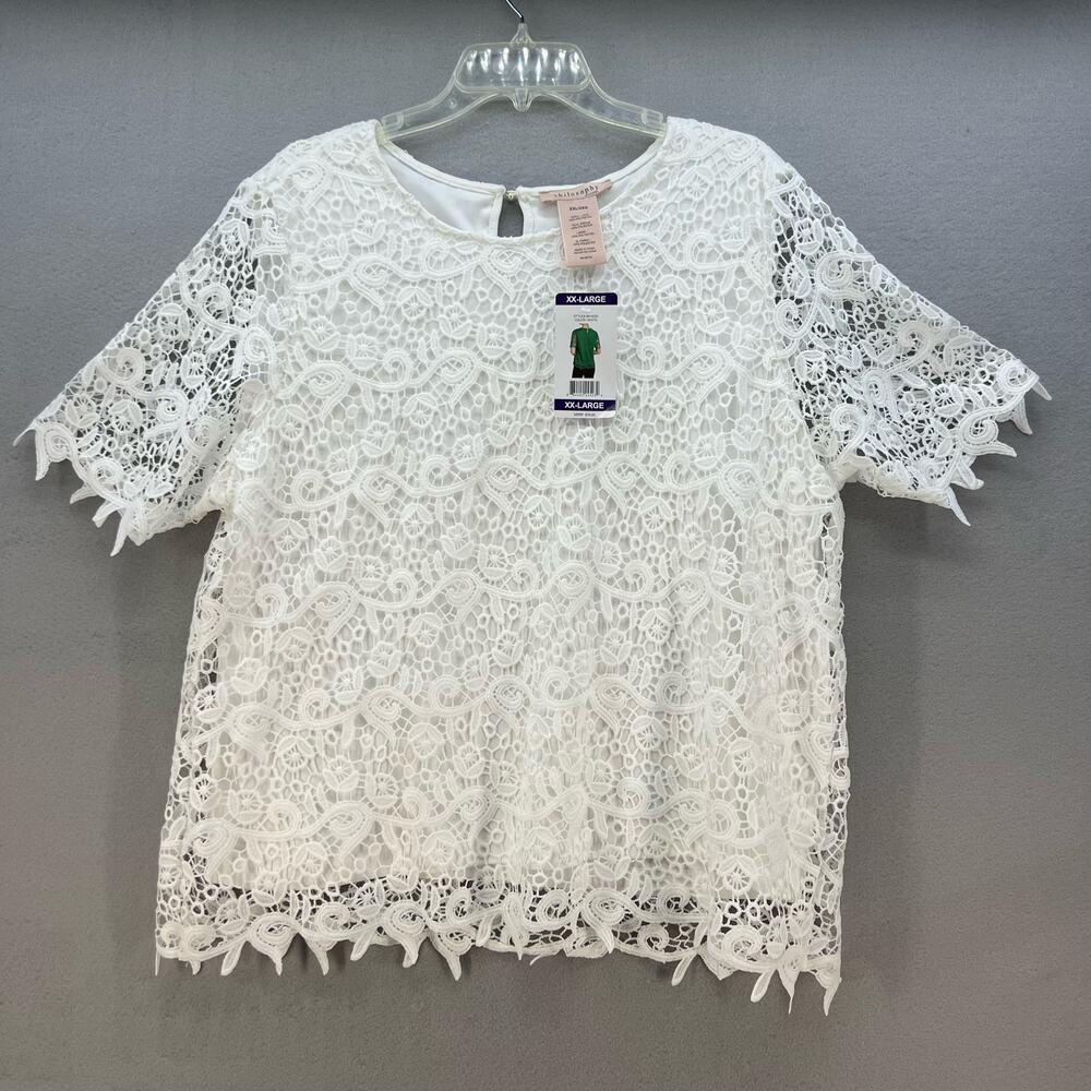 NWT Philosophy Top Women's XXL White Lace Crochet Look Lined Feminine